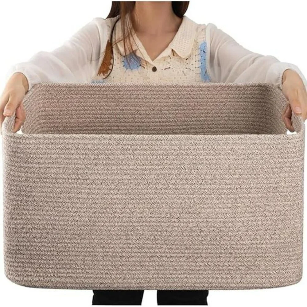 Large Woven Blanket Storage Basket Cotton Rope Toy Organizer with Handles